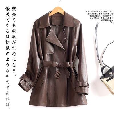 海宁真皮皮衣女中长款绵羊皮2025新款春高级感收腰系带皮风衣外套