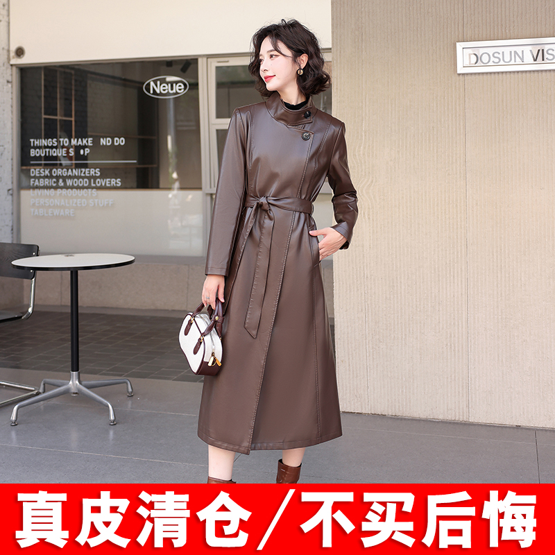 海宁真皮皮衣女中长款2025春季新款高级感绵羊皮黑色过膝风衣外套