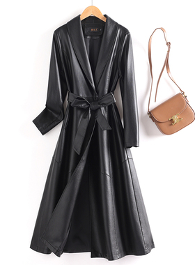 真皮皮衣女中长款风衣海宁2025春秋款韩版修身黑色大衣绵羊皮外套