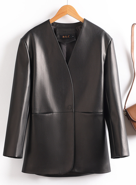 2025新款春秋真皮皮衣女中长款绵羊皮风衣外套女小个子黑色皮西装