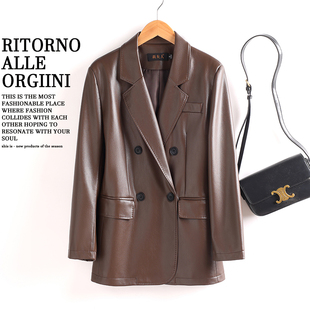 休闲绵羊皮西服外套 双排扣西装 海宁真皮皮衣女中长款 2025春秋新款