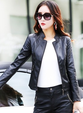 海宁真皮皮衣外套女短款2025新款春秋绵羊皮小个子立领黑色皮夹克