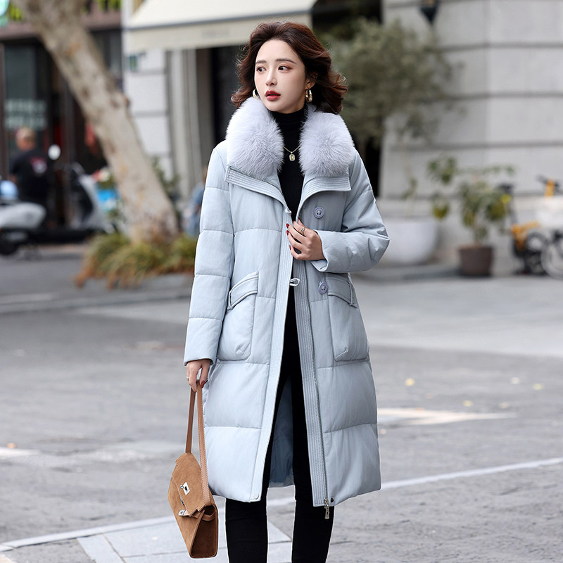 海宁真皮羽绒服女中长款2025冬新款狐狸毛领气质大码绵羊皮衣外套