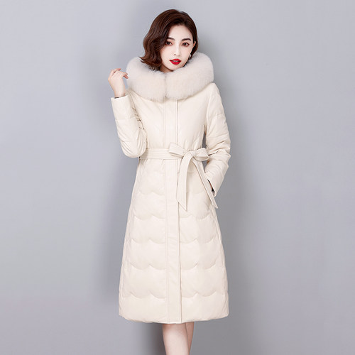 海宁真皮羽绒服女中长款绵羊皮2026冬季新款狐狸毛领连帽皮衣外套