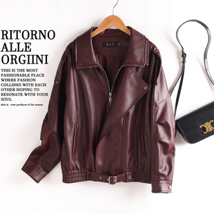 进口泡纹绵羊皮真皮皮衣杨树林廓形宽松大版酷飒机车皮夹克外套潮