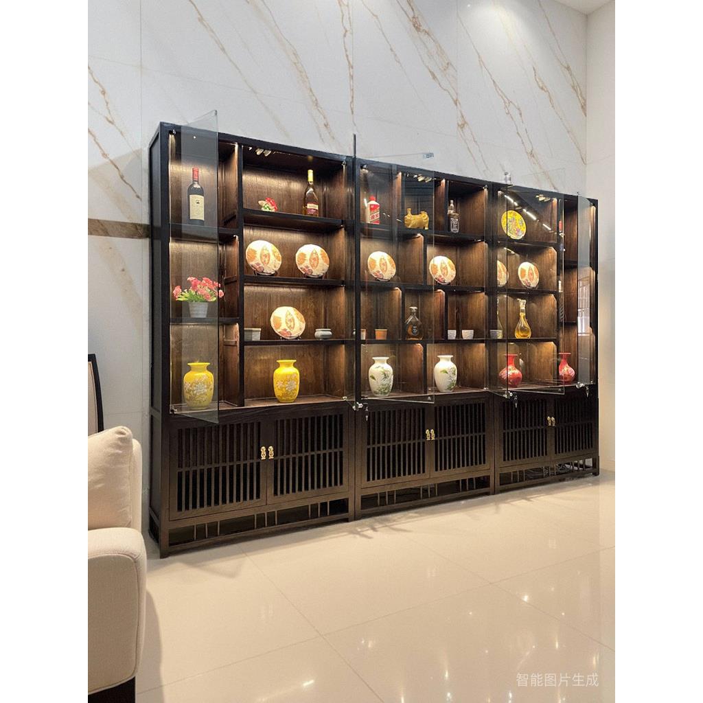 博古架实木中式酒柜带锁带灯玻璃门茶叶茶具白酒紫砂茶柜展示柜
