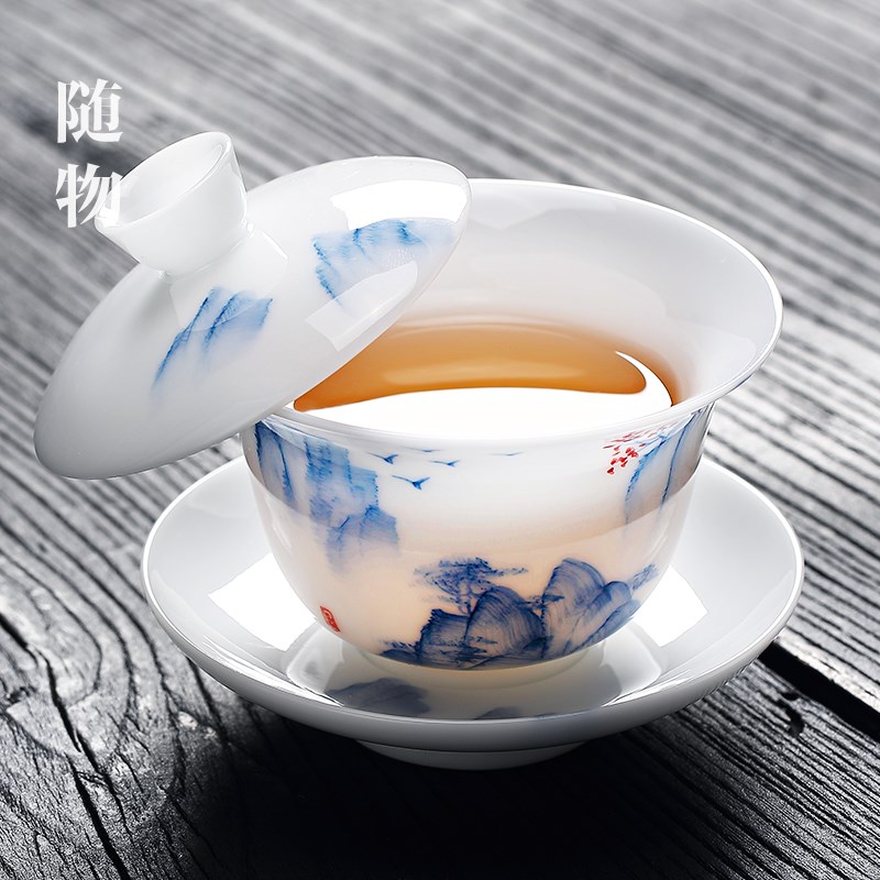 冰种手绘青花瓷盖碗单个白瓷泡茶三件套茶碗带盖高档茶具陶瓷茶杯