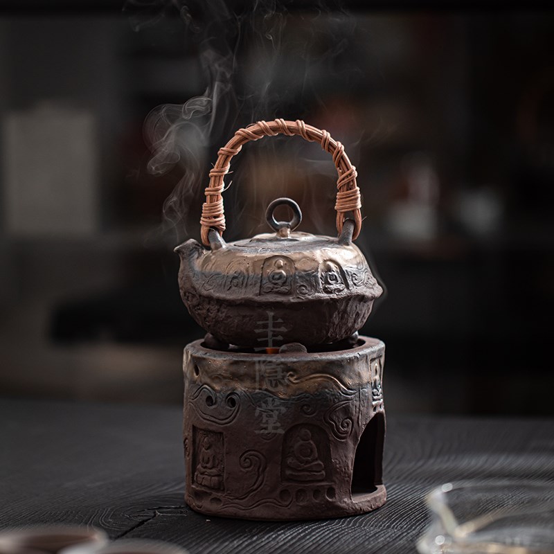 圭隐堂老岩泥手工鎏金围炉煮茶壶煮茶炉家用复古粗陶酒精炉温茶炉
