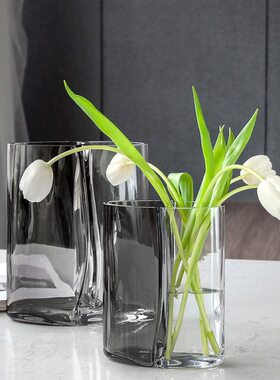 灰色手工玻璃花瓶鲜花插花器透明色北欧拼冷家居装饰摆件现代干花