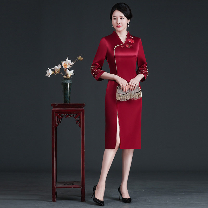 醋酸缎宴会妈妈装敬酒服喜婆婆婚礼服中国风旗袍连衣裙民族风