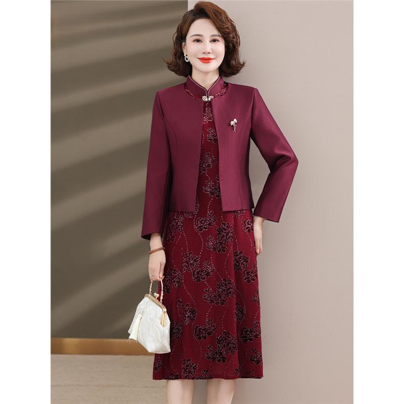 结婚妈妈礼服春秋高贵刺绣旗袍两件套喜婆婆婚宴装新款连衣裙