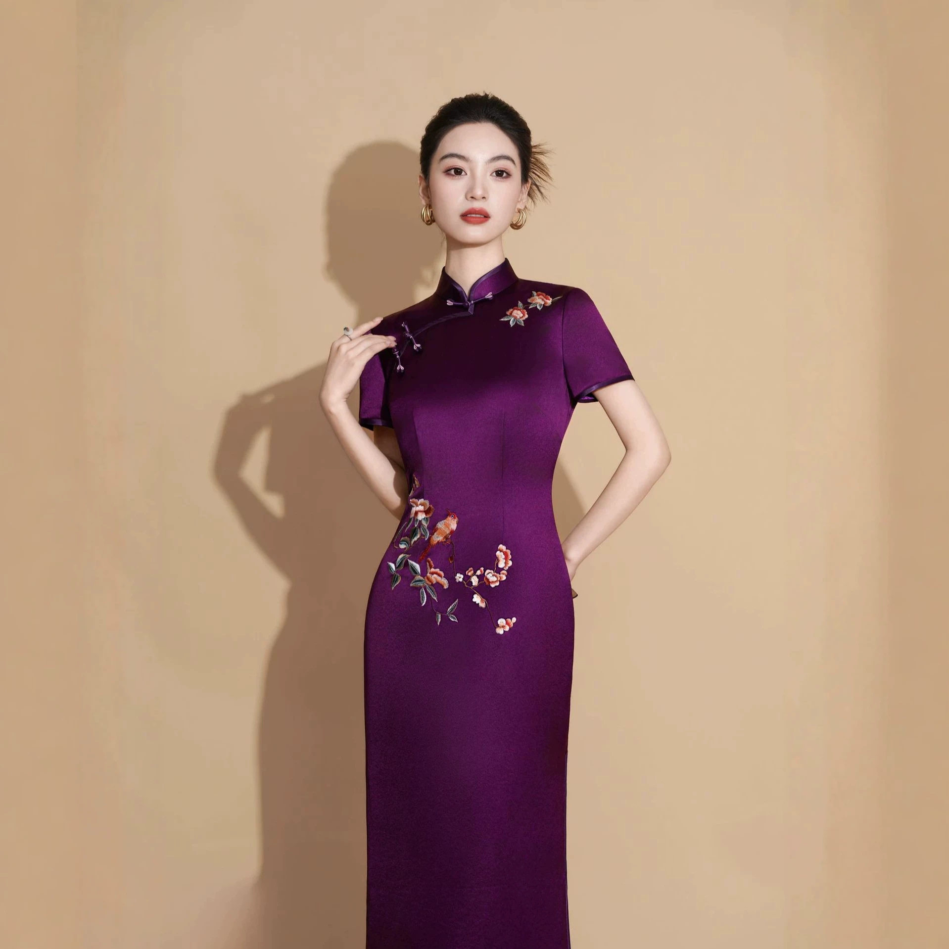 春夏季新款年轻旗袍女装醋酸缎连衣裙婚礼妈妈装旗袍礼服
