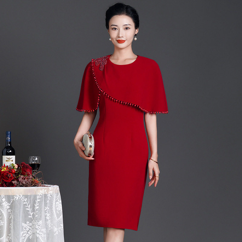 608#婚宴妈妈服跨境高级感披肩式收腰连衣裙手工钉珠显瘦阔太太端