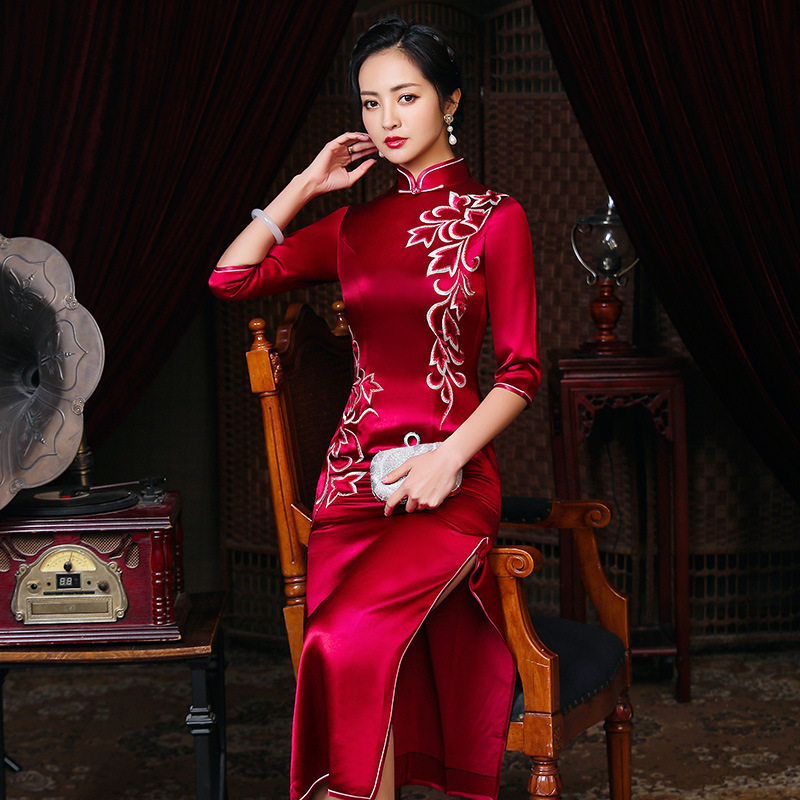 新款醋酸喜婆婆旗袍 中年妈妈婚宴装喜服高端气质结婚礼服秋季女