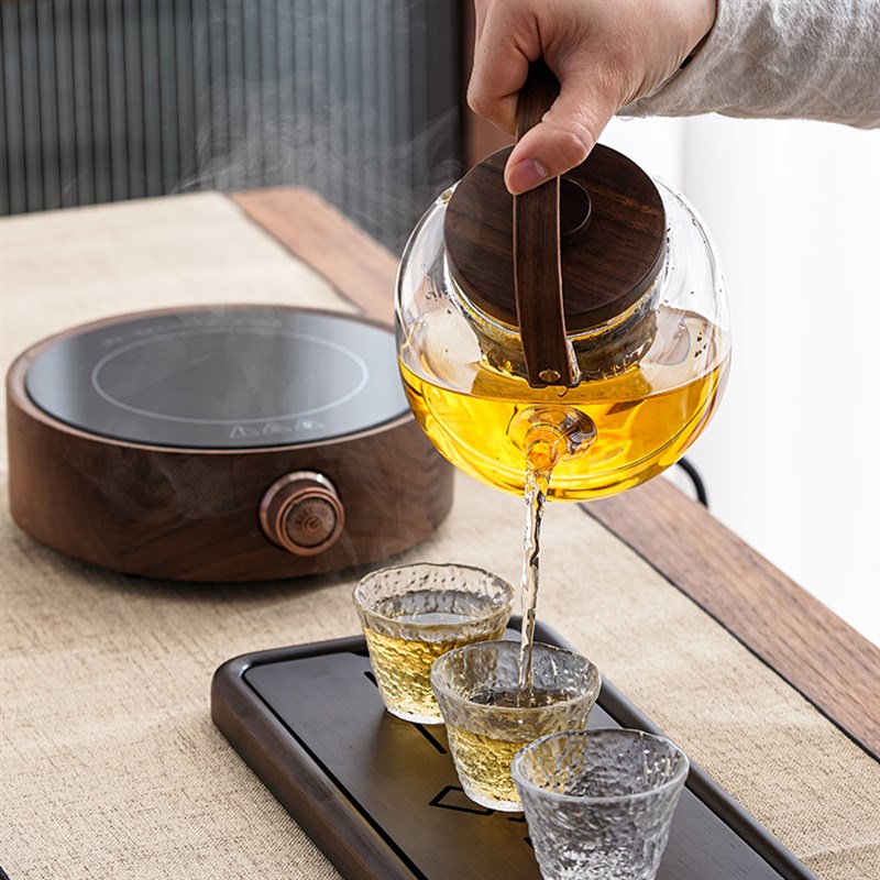 胡桃木电陶炉煮茶器玻璃烧水壶家用小型电热茶炉白茶蒸煮茶壶套装