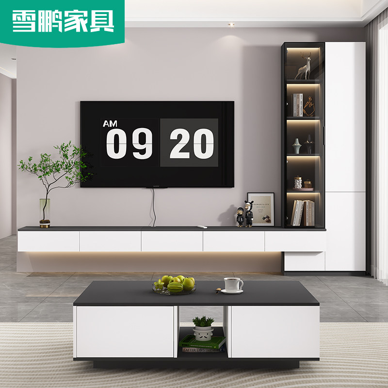 简约悬浮悬空电视机柜茶几书架书柜组合客厅壁挂电视背景墙6D68