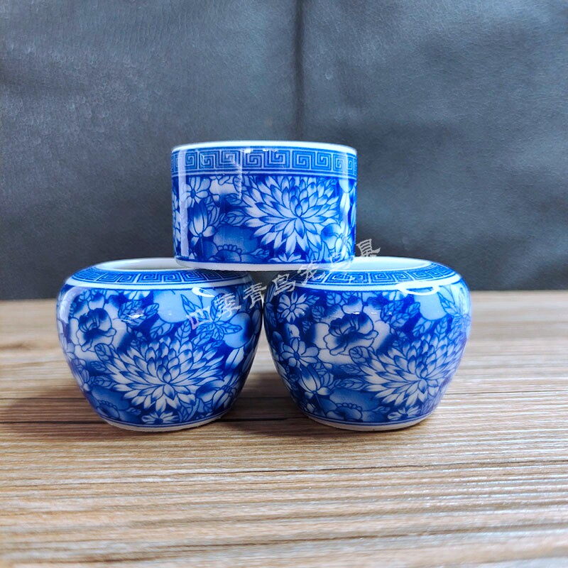 景德镇精品靛颏百灵芙蓉鸟食罐鸟杯鸟碗万花青花瓷三件套鸟用品