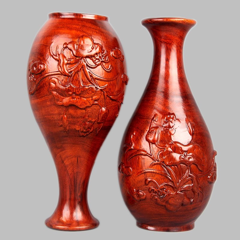 东阳木雕装饰圆形花瓶客厅家居中式花瓶雕刻荷花工艺品实木瓶摆件