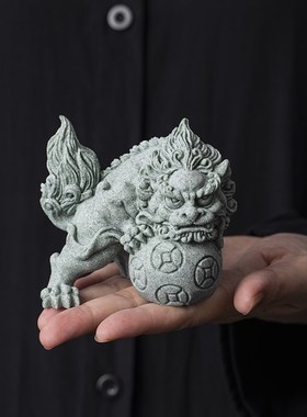国潮中国风青砂石狴犴招财神兽摆件家居客厅桌面博古架工艺品装饰