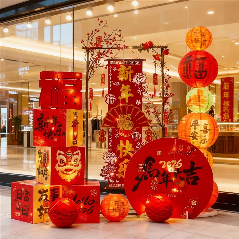 2026元旦春节装饰品摆件新年活动氛围布置店铺橱窗灯笼礼盒堆头