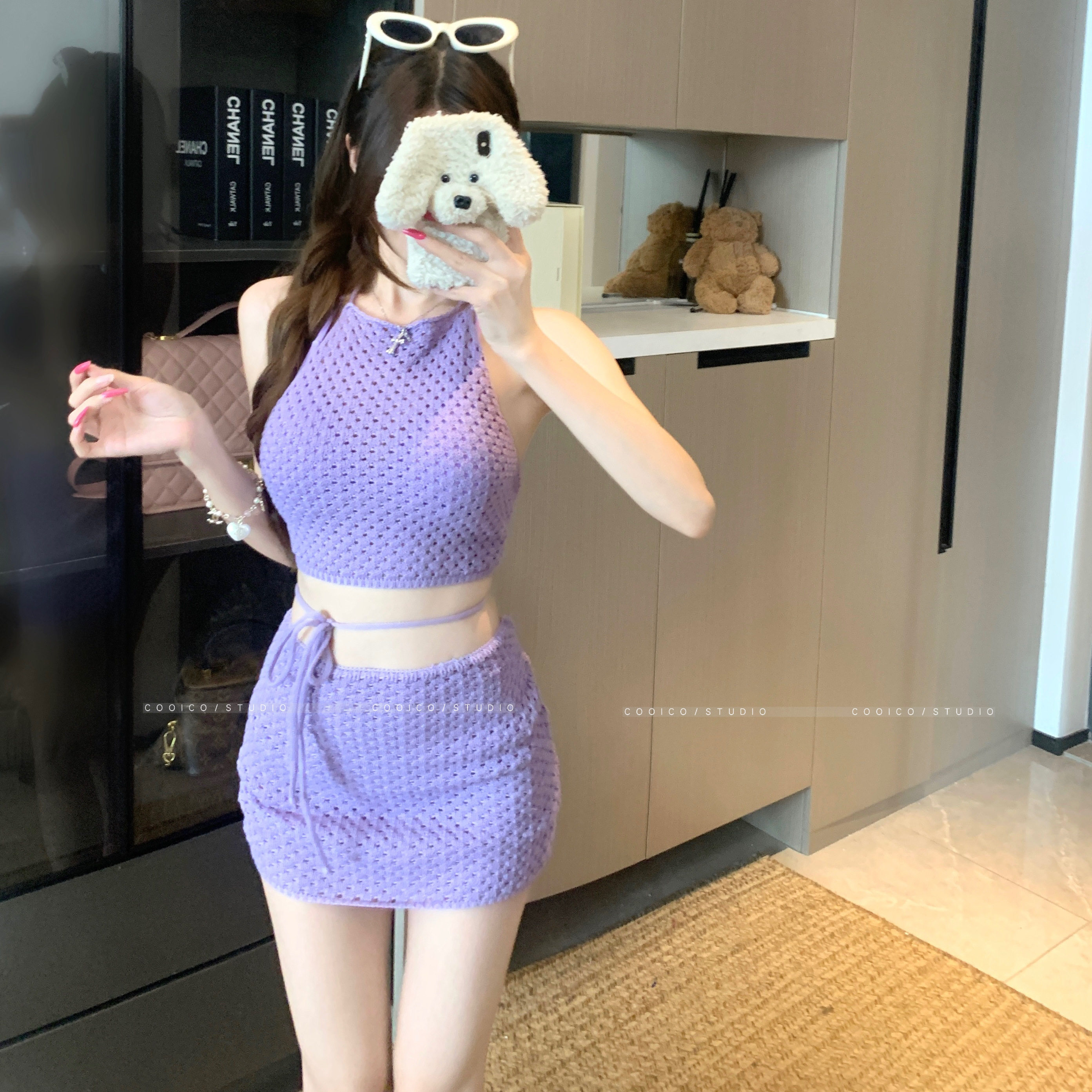 2025新款针织高腰显瘦紫色比基尼挂脖小胸显白纯欲风海边泳衣女夏