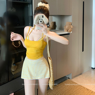 多巴胺黄色格子吊带比基尼女分体式 泡温泉 性感度假风游泳衣女套装