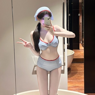 比基尼泳衣女夏三件套性感小胸钢托聚拢复古条纹泰国新款 纯欲度假