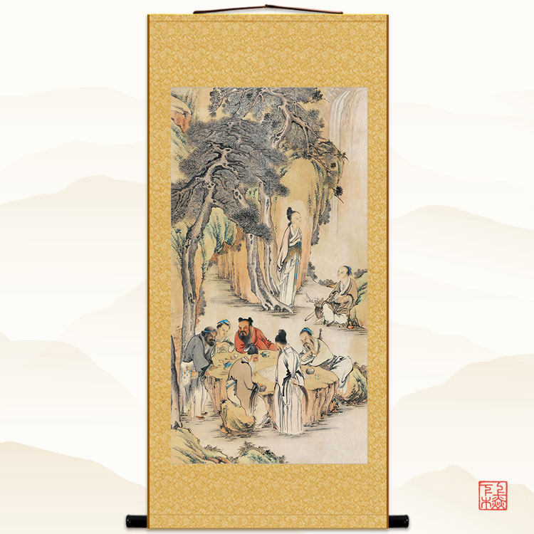 中式复古卷轴挂画 八仙弈棋图绢布画 客厅装饰无框卷轴画
