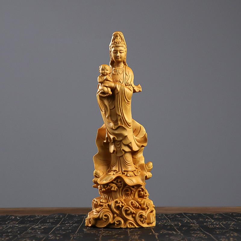 黄杨木雕摆件送子观音菩萨神像工艺品手把玩件木质雕刻雕车载饰品