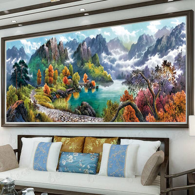 流水生财十字绣线绣自己绣2026新款客厅聚宝盆山水风景画手工满绣
