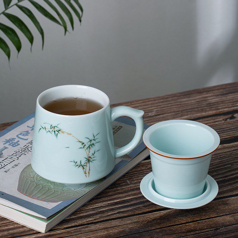 青瓷泡茶杯带盖陶瓷杯子家用茶杯带茶漏茶隔过滤茶叶办公杯可定制