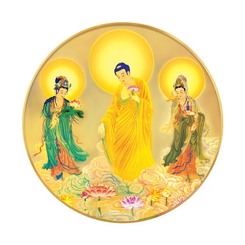 圆形框西方三圣画像阿弥陀佛站像挂画接引图观世音大势至菩萨佛像