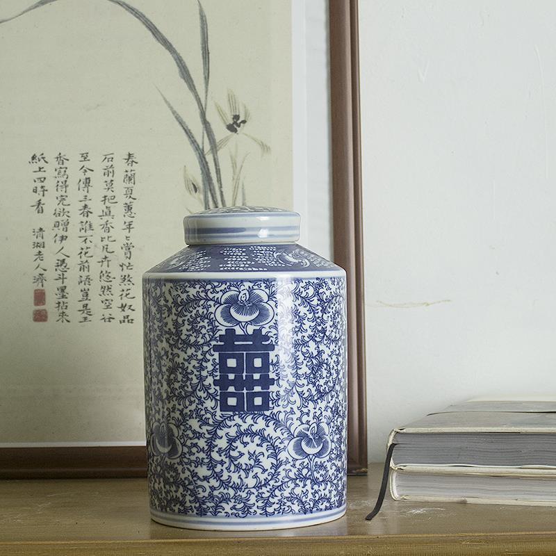 景德镇喜字陶瓷罐带盖子花瓶中式复古装饰品客厅博古架收纳罐摆件