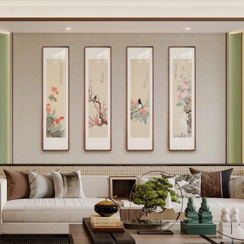 新中式装饰画竖版条屏玄关画花鸟金鱼茶室柱子卷轴客厅卧室挂画
