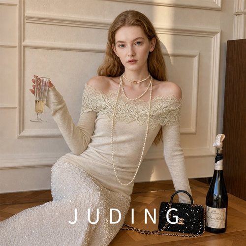 JUDING一字肩毛衣秋季新款女款温柔风单穿针织衫叠穿内搭上衣9176