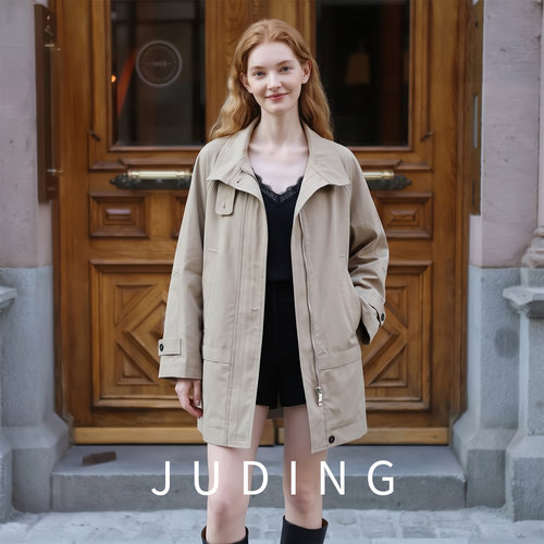 JUDING风衣女中长款韩系春秋长袖宽松外套卡其色百搭休闲气质F640