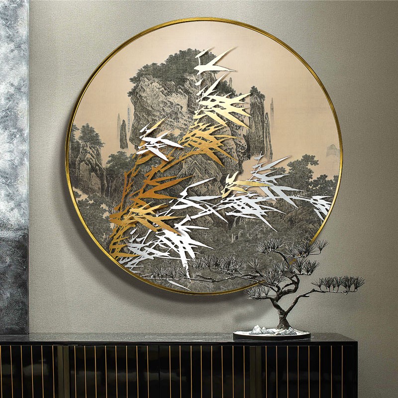 新中式金属竹子装饰画 玄关创意圆形艺术挂画 可定制轻奢风格