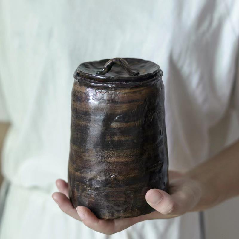日式手拙粗陶茶叶罐复古茶具老茶包装罐杂粮储物陶瓷古风密封罐