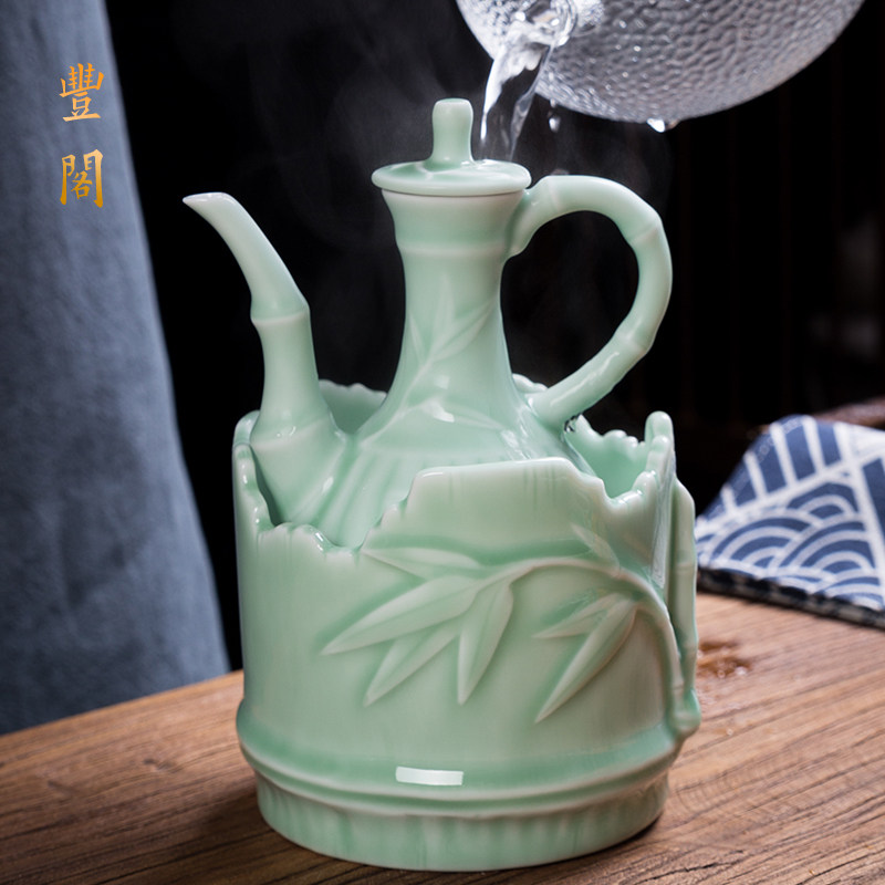 陶瓷温酒器两件套烫酒壶温黄酒白酒家用手工中式竹节酒具热酒半斤