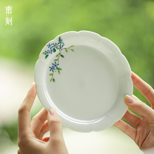 束刻白瓷玉泥手绘小蓝花花边口壶承干泡盘茶承茶道配件小茶台茶盘