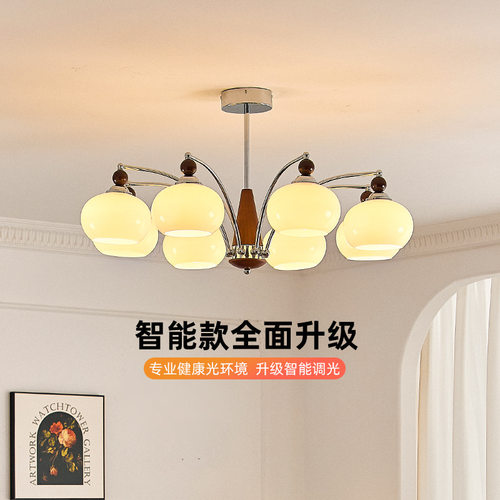 中古柿子客厅吊灯奶油风玻璃书房灯实木复古法式全铜卧室灯casagd
