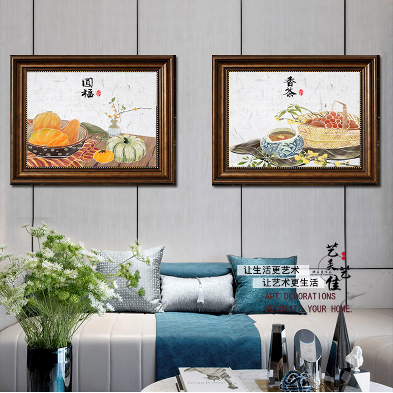 新中式电表箱装饰画棕色框推拉掀开牡丹山水花鸟挂画配电箱免打孔