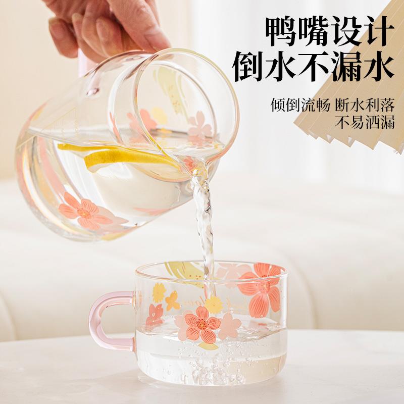 樱花玻璃杯玻璃水壶耐高温大容量花茶带盖杯子家用办公室一人套装