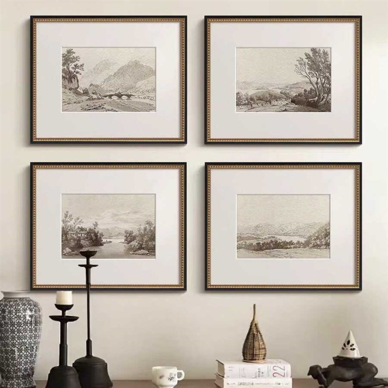 风景素描版画法式黑白复古客厅装饰画美式中古风餐厅玄关走廊挂画