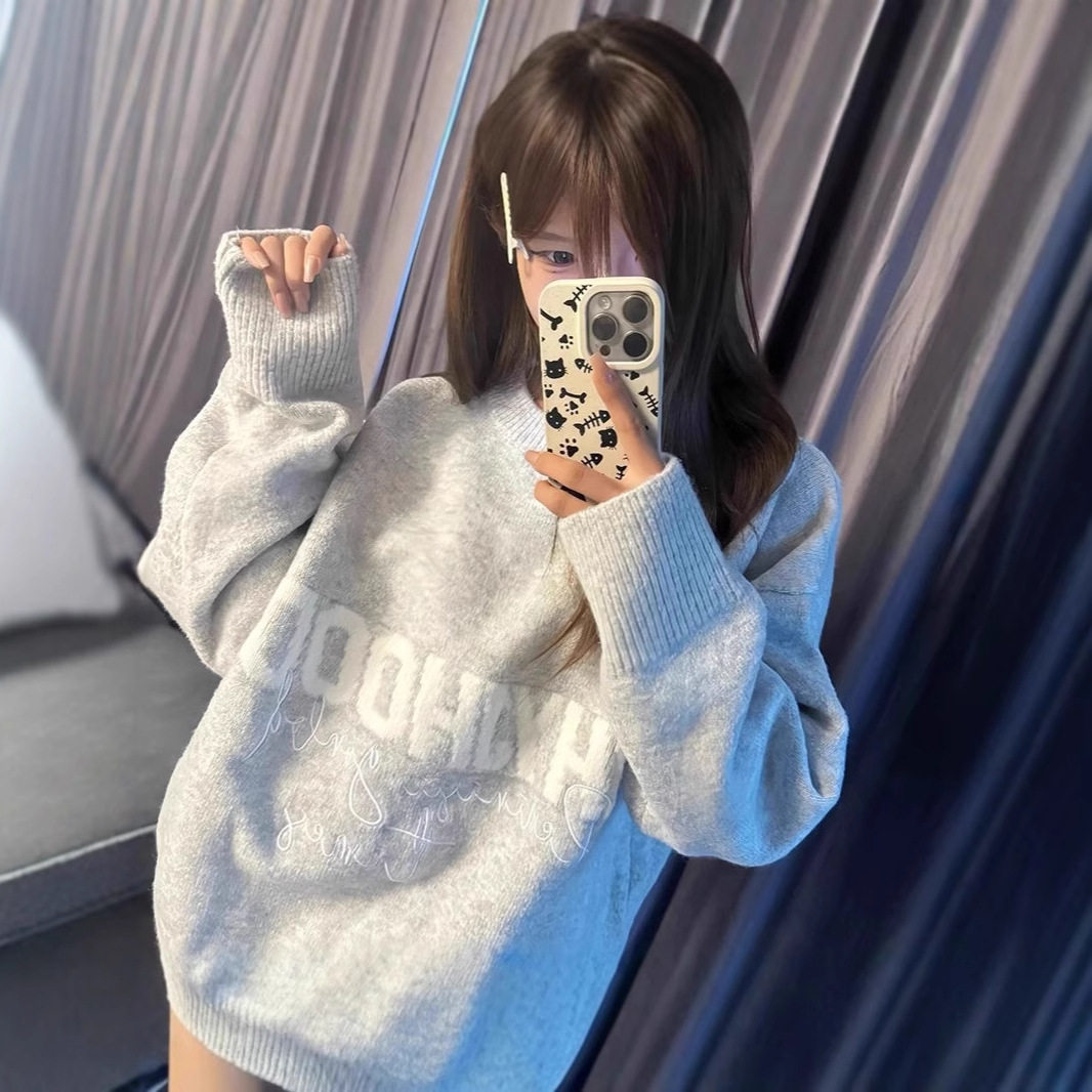 美式复古字母毛衣女秋冬慵懒风软糯圆领百搭上衣通勤针织衫