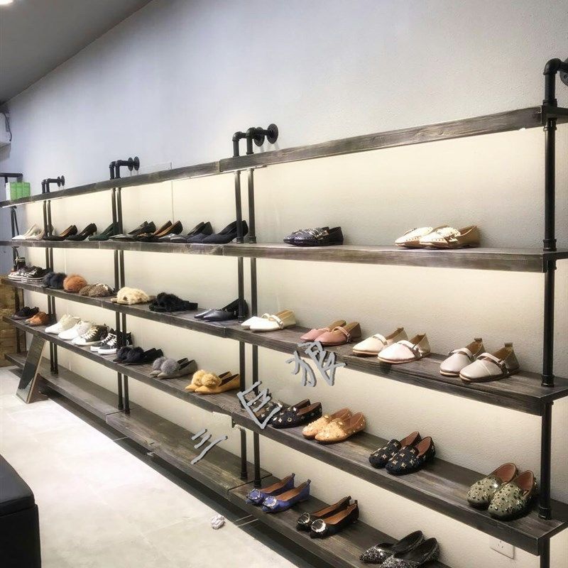 复古鞋店鞋架展示架实木鞋架上墙鞋货架多层落地鞋架店铺包包鞋架