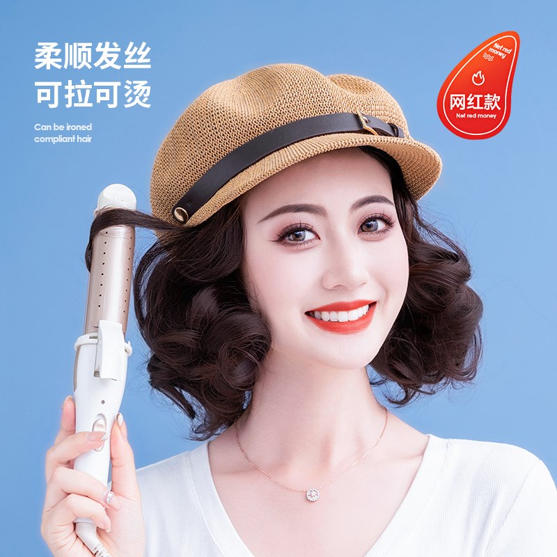 帽子假发一体女夏天时尚新款八角帽小短卷带假发帽子短卷发可拆卸