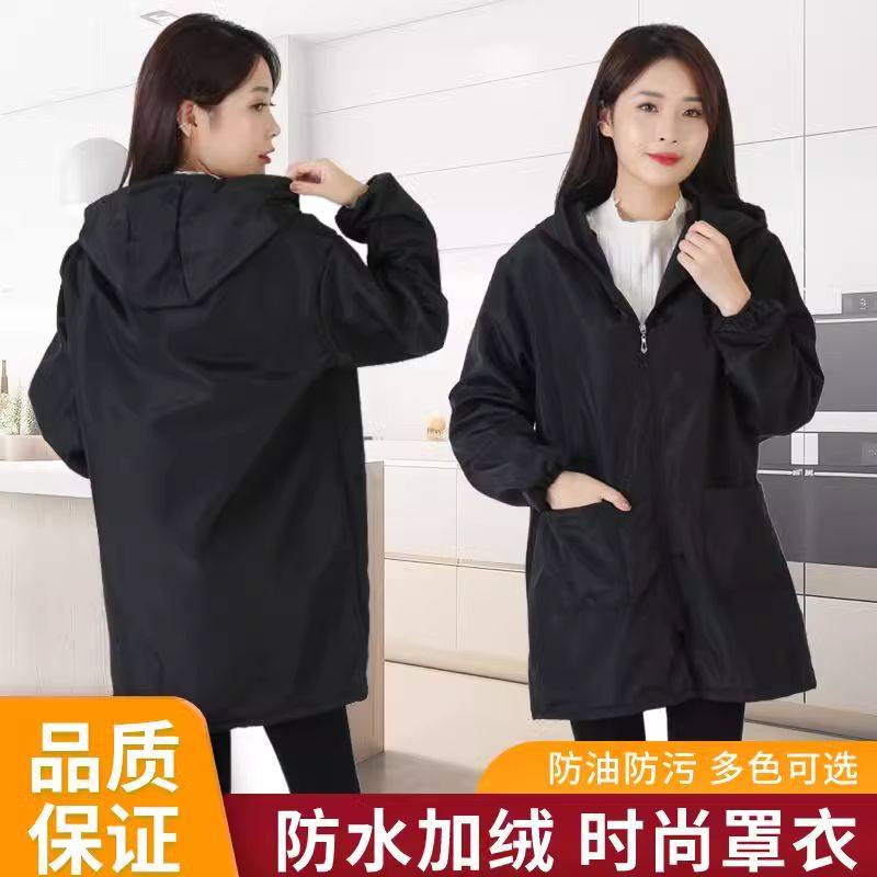 短款加绒罩衣女新款冬季加绒加厚厨房专用围裙超强防水防油工作服