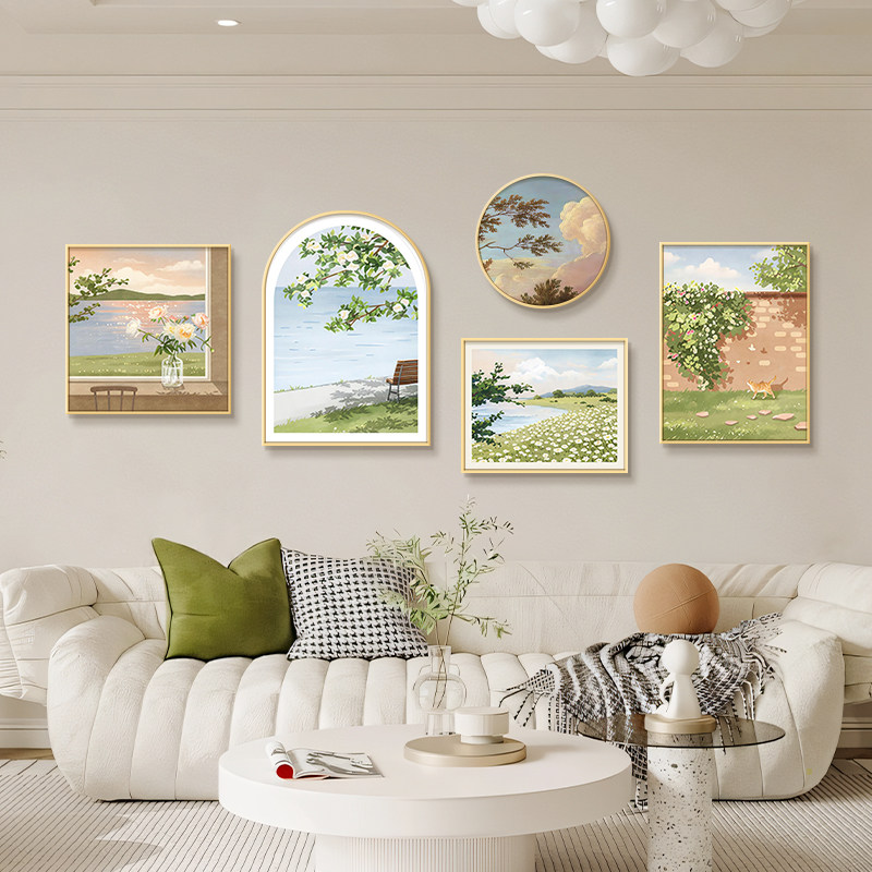 法式客厅装饰画风景餐厅组合壁画奶油风窗户沙发背景墙挂画小清新
