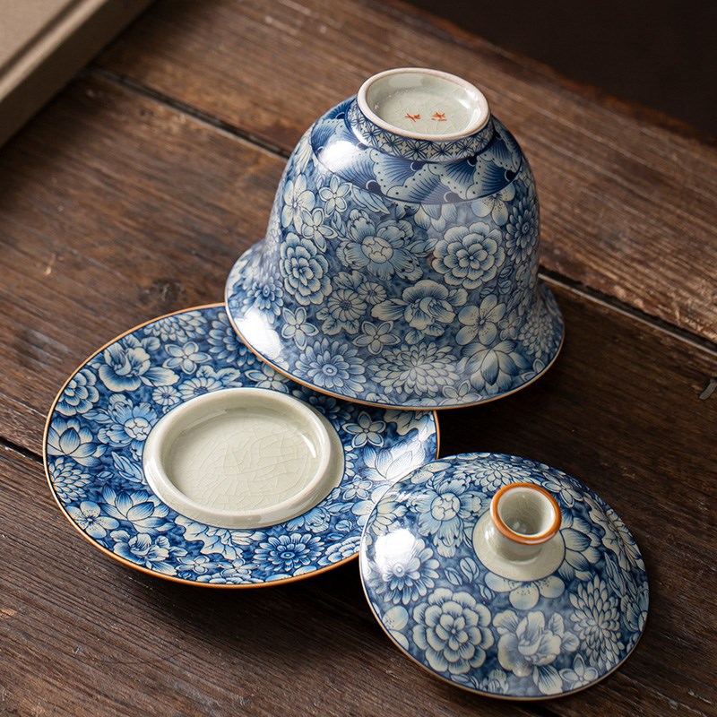 宋韵青花汝窑盖碗单个高档三才茶碗带盖子泡茶不烫手大号茶具家用